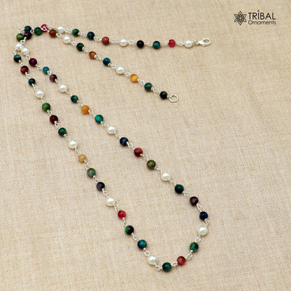 925 sterling silver necklace with white pearls and multicolor stone beads, stylish women's beaded chain jewelry.