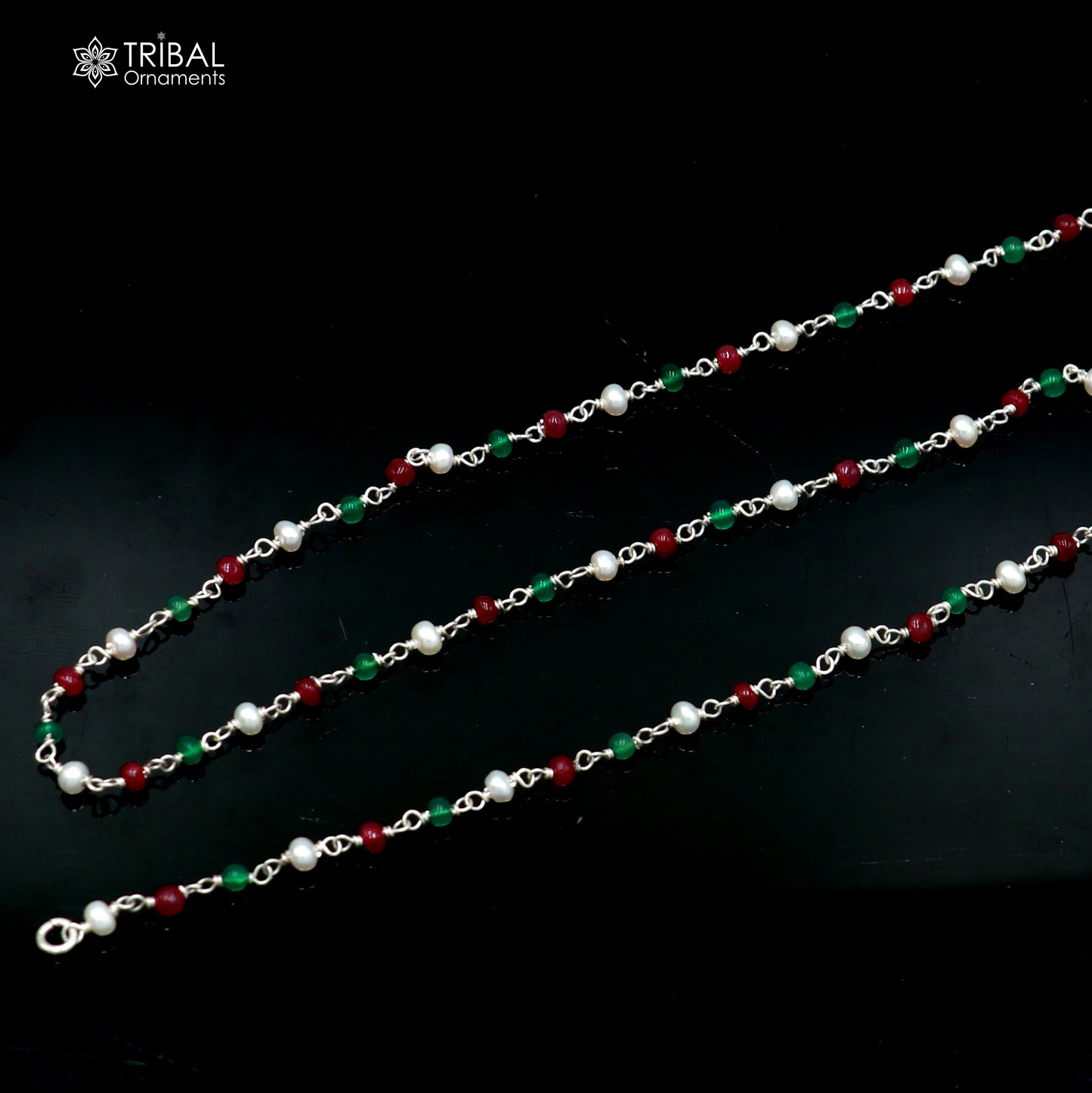 Sterling silver pearl and multicolor round stone beaded necklace by Tribal Ornaments, featuring vibrant gemstone beads and elegant silver accents.
