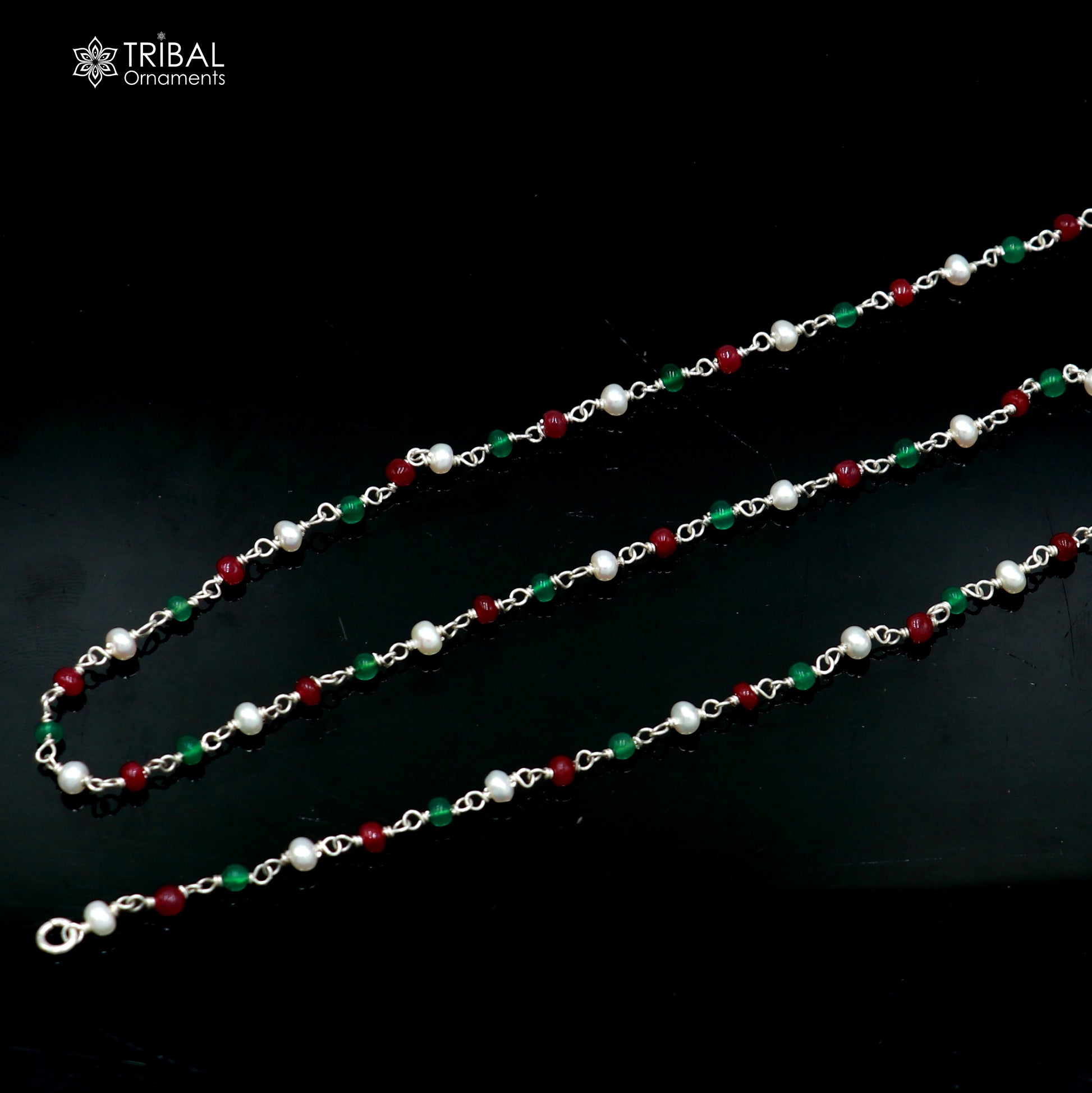Sterling silver pearl and multicolor round stone beaded necklace by Tribal Ornaments, featuring vibrant gemstone beads and elegant silver accents.