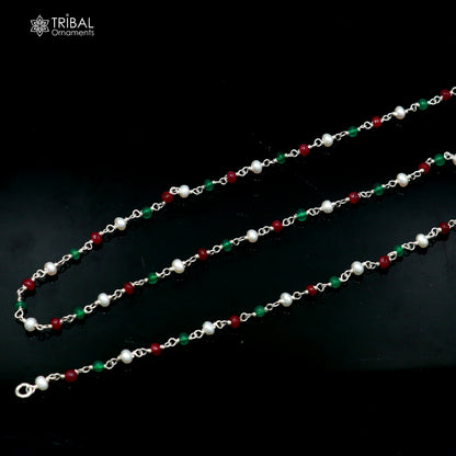 Sterling silver pearl and multicolor round stone beaded necklace by Tribal Ornaments, featuring vibrant gemstone beads and elegant silver accents.