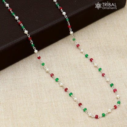 Sterling silver pearl and multi-color round stone beaded necklace by TRIBAL ORNAMENTS, featuring a vibrant, multi-hued design.