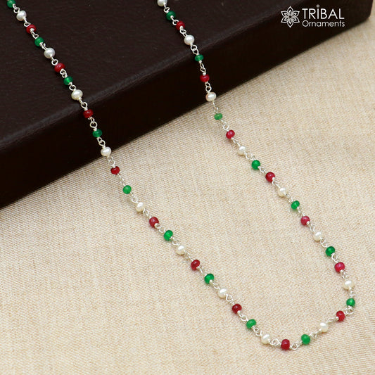 Sterling silver pearl and multi-color round stone beaded necklace by TRIBAL ORNAMENTS, featuring a vibrant, multi-hued design.