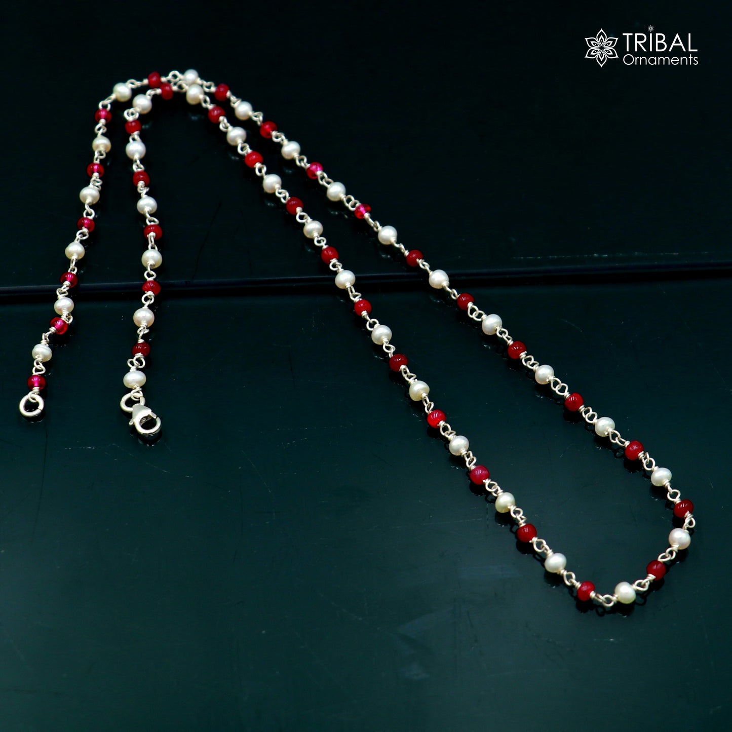 Sterling silver beaded necklace with pink stones and pearls, designed for women, featuring a stylish and elegant chain by TRIBAL ORNAMENTS.