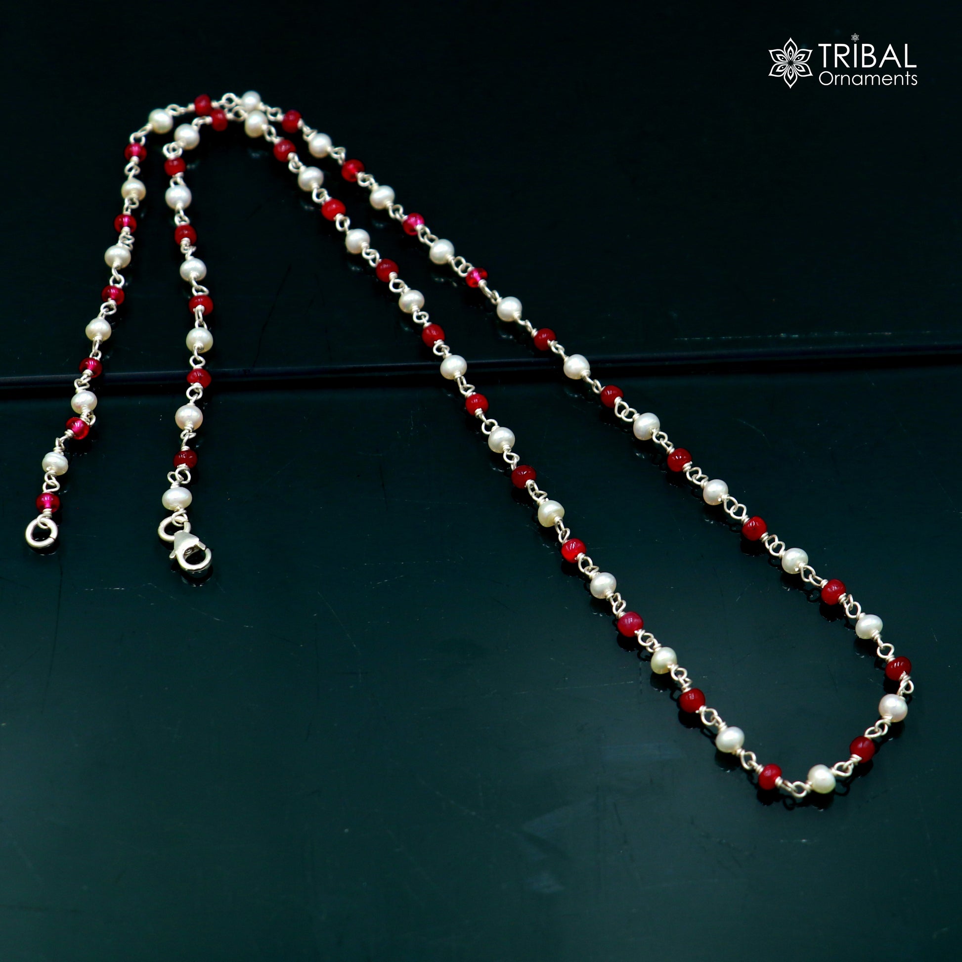 Sterling silver beaded necklace with pink stones and pearls, designed for women, featuring a stylish and elegant chain by TRIBAL ORNAMENTS.