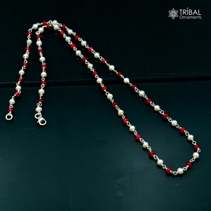 Sterling silver beaded necklace with pink stones and pearls, designed for women, featuring a stylish and elegant chain by TRIBAL ORNAMENTS.