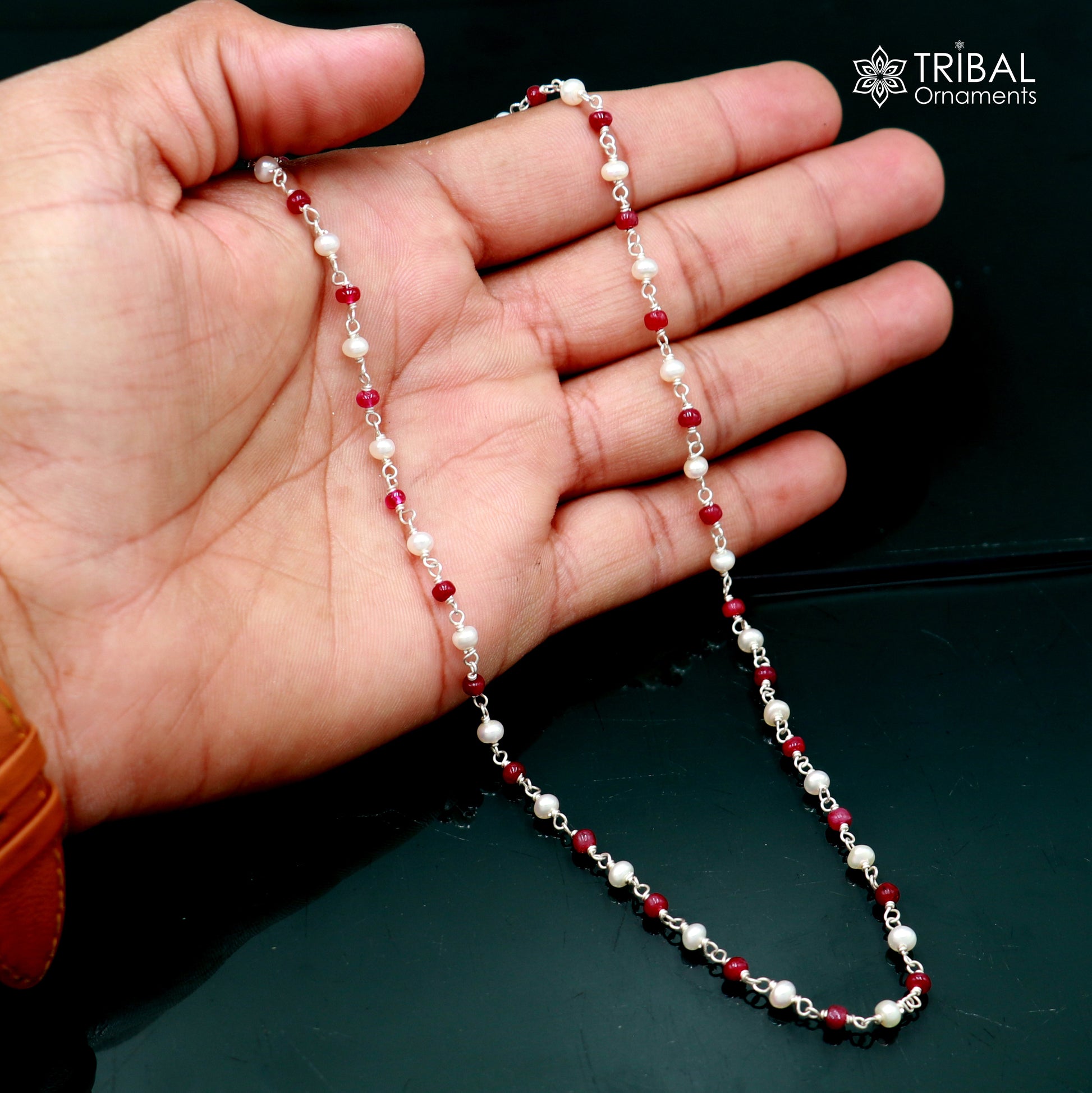 Sterling silver beaded necklace with pink stones and pearls, stylish women's jewelry by TRIBAL ORNAMENTS, daily wear accessory.