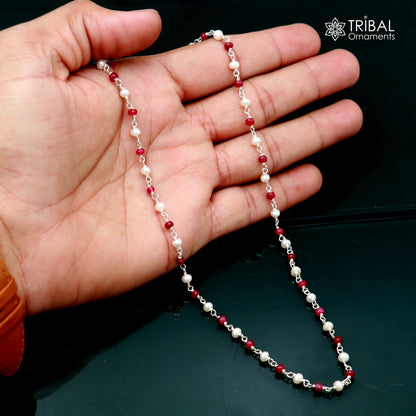 Sterling silver beaded necklace with pink stones and pearls, stylish women's jewelry by TRIBAL ORNAMENTS, daily wear accessory.