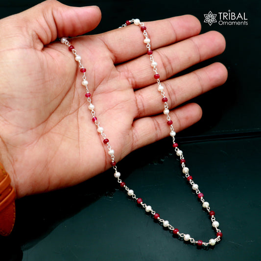 Sterling silver beaded necklace with pink stones and pearls, stylish women's jewelry by TRIBAL ORNAMENTS, daily wear accessory.