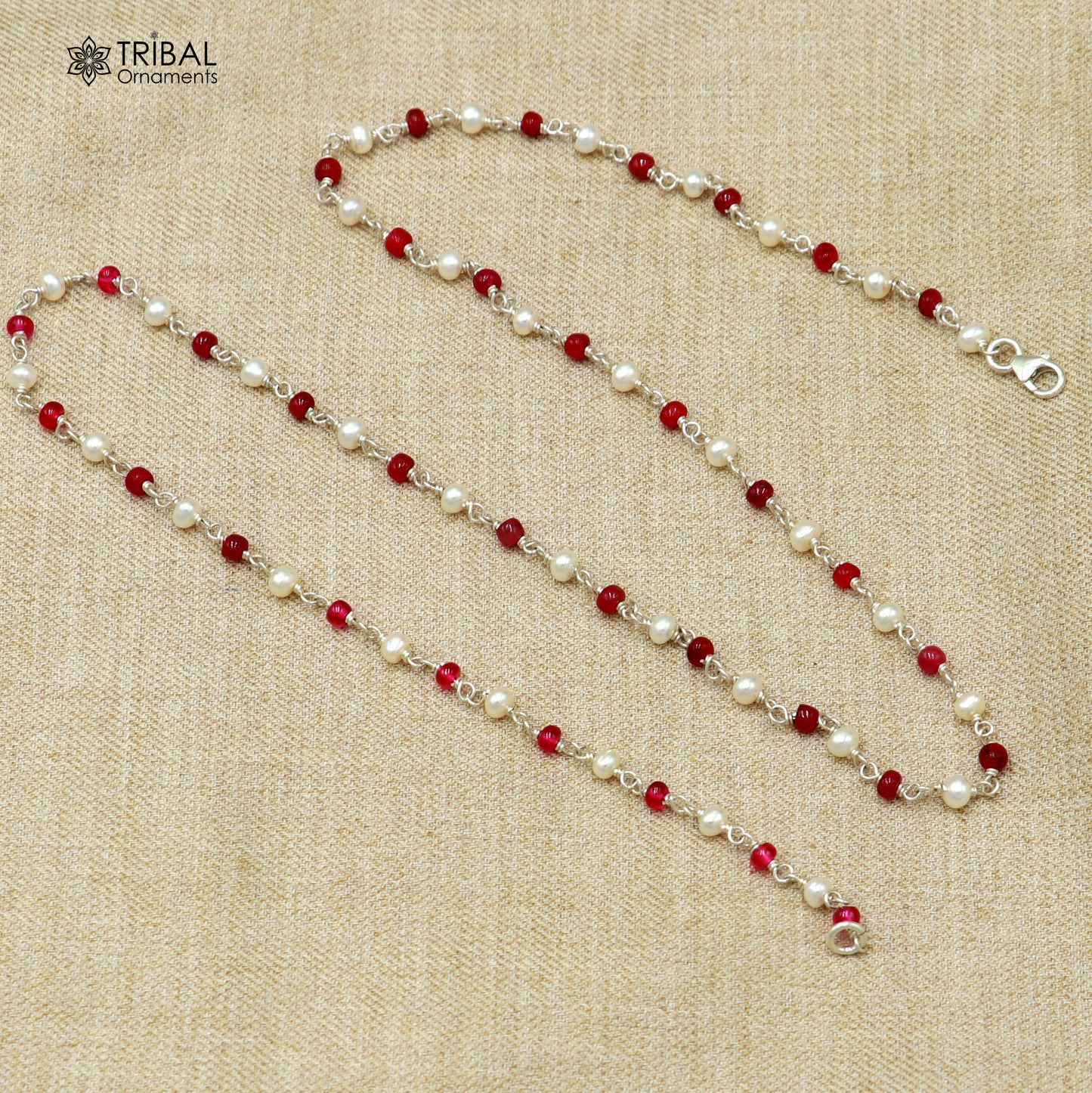 925 sterling silver pearl and pink stone beaded necklace by TRIBAL ORNAMENTS, featuring a delicate design for women's daily wear.