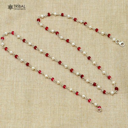 925 sterling silver pearl and pink stone beaded necklace by TRIBAL ORNAMENTS, featuring a delicate design for women's daily wear.