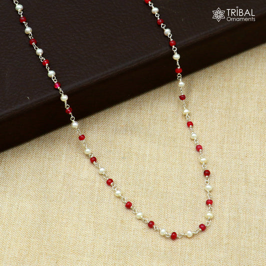 Sterling silver beaded necklace with pink stones and pearls, featuring a women's daily wear chain by TRIBAL ORNAMENTS.