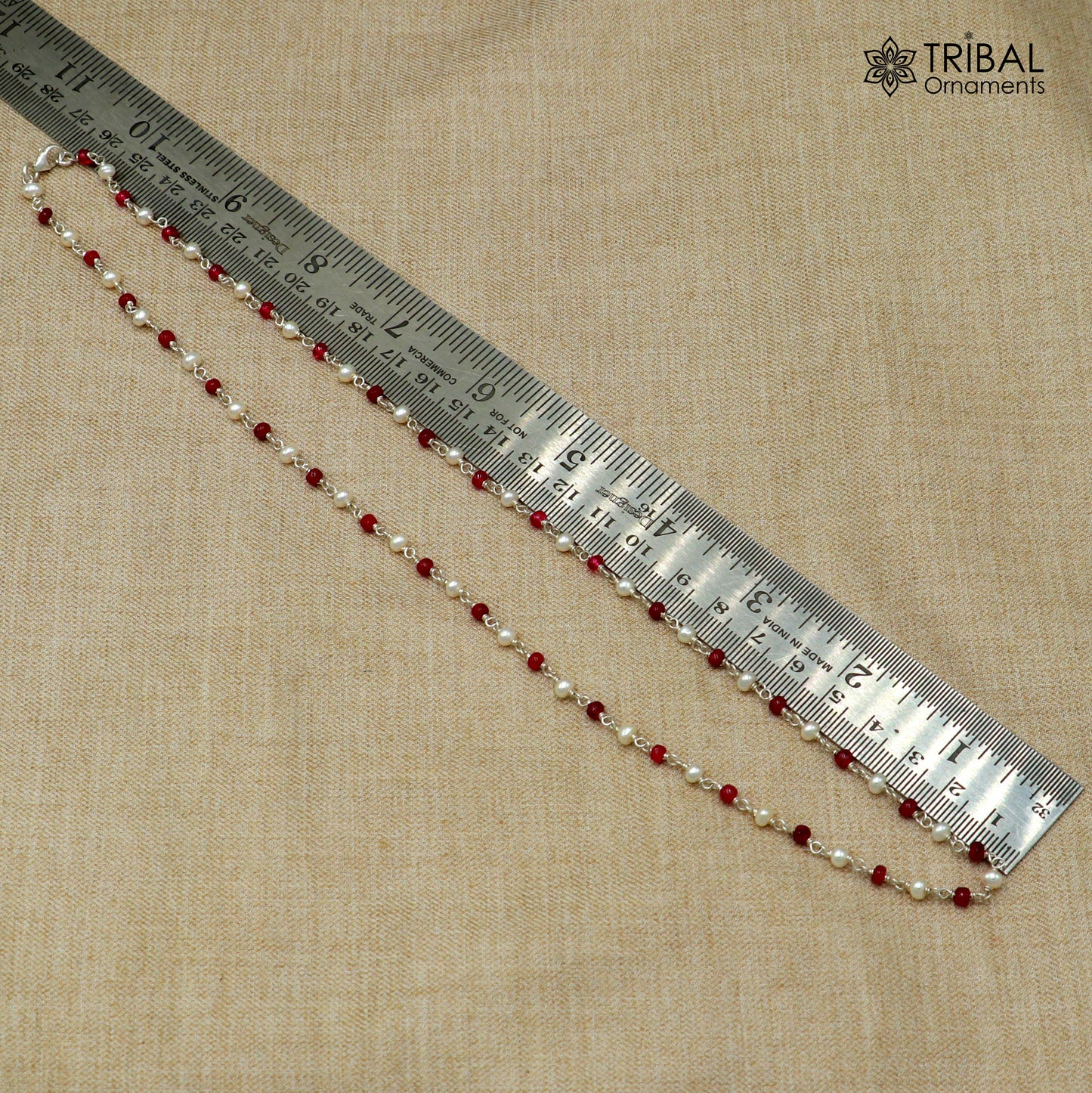 925 silver beaded necklace with pink stones and pearls, stylish women's jewelry chain by TRIBAL ORNAMENTS, daily wear accessory