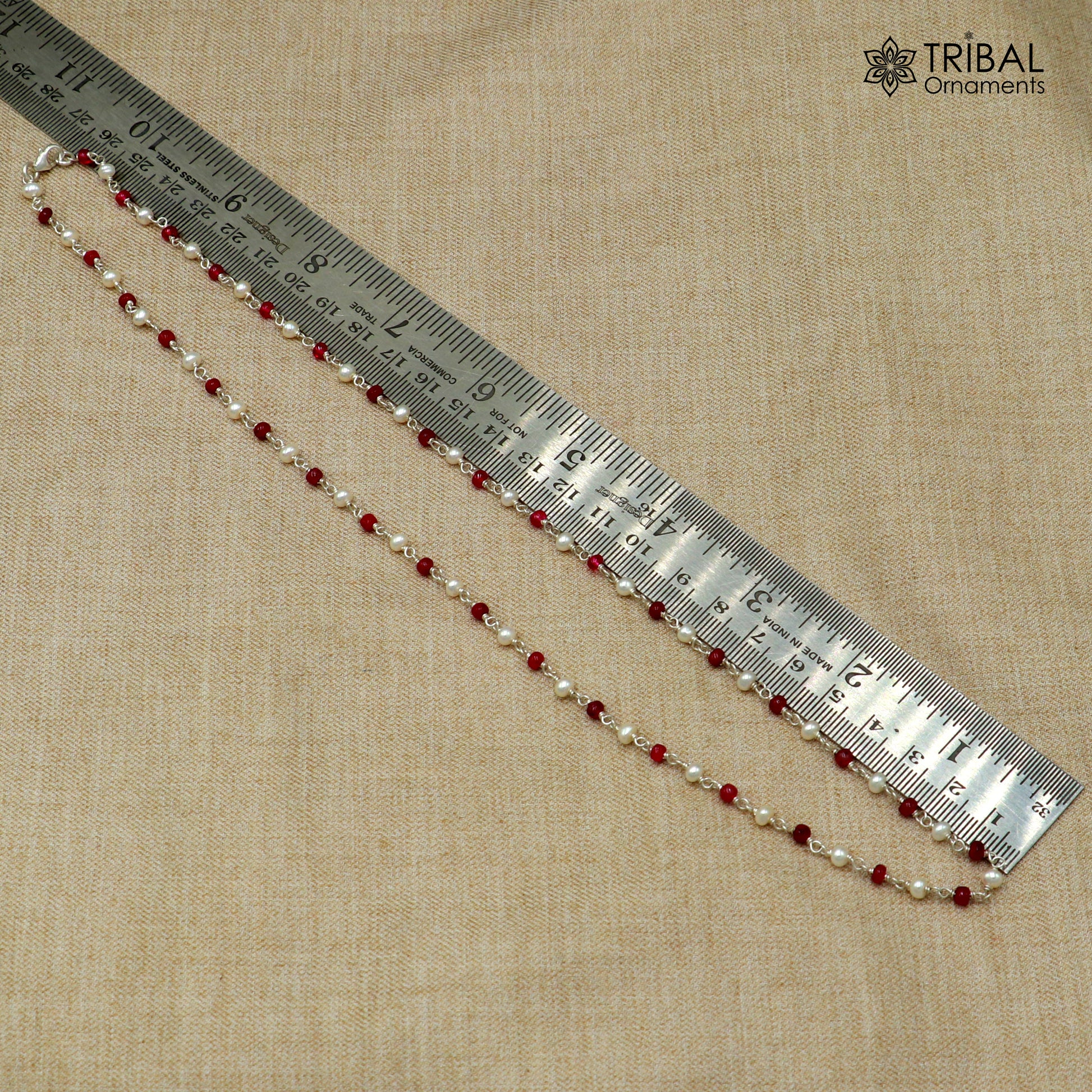 925 silver beaded necklace with pink stones and pearls, stylish women's jewelry chain by TRIBAL ORNAMENTS, daily wear accessory