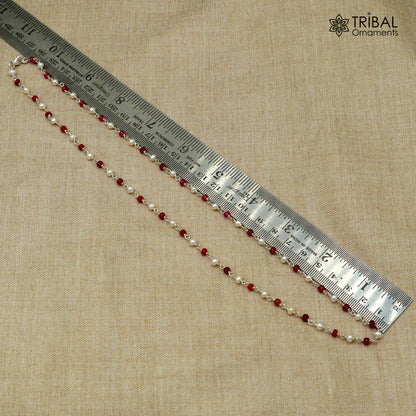 925 silver beaded necklace with pink stones and pearls, stylish women's jewelry chain by TRIBAL ORNAMENTS, daily wear accessory