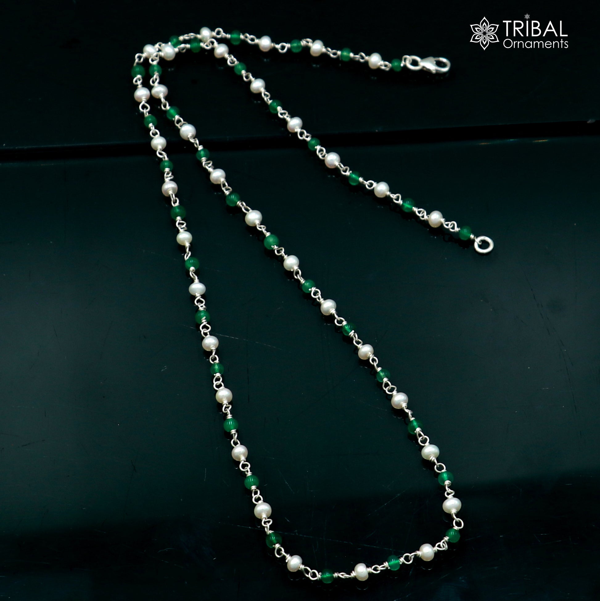 925 sterling silver beaded chain with white pearl and green stone accents, crafted by TRIBAL ORNAMENTS.