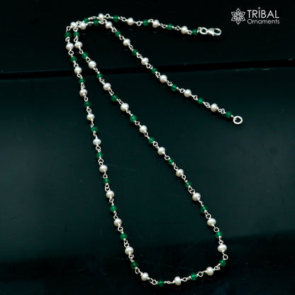 925 sterling silver beaded chain with white pearl and green stone accents, crafted by TRIBAL ORNAMENTS.