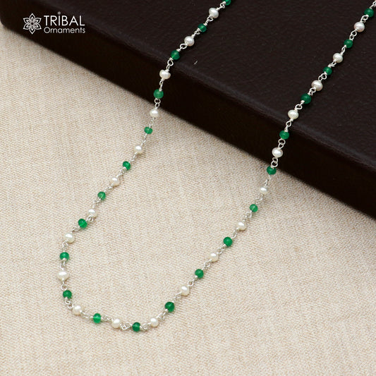 Sterling silver beaded chain with green stones and pearl accents, handcrafted jewelry by TRIBAL ORNAMENTS.