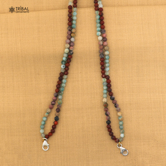 925 sterling silver multi-color stone beaded tribal necklace set with lock, featuring vibrant beads and intricate tribal jewelry design