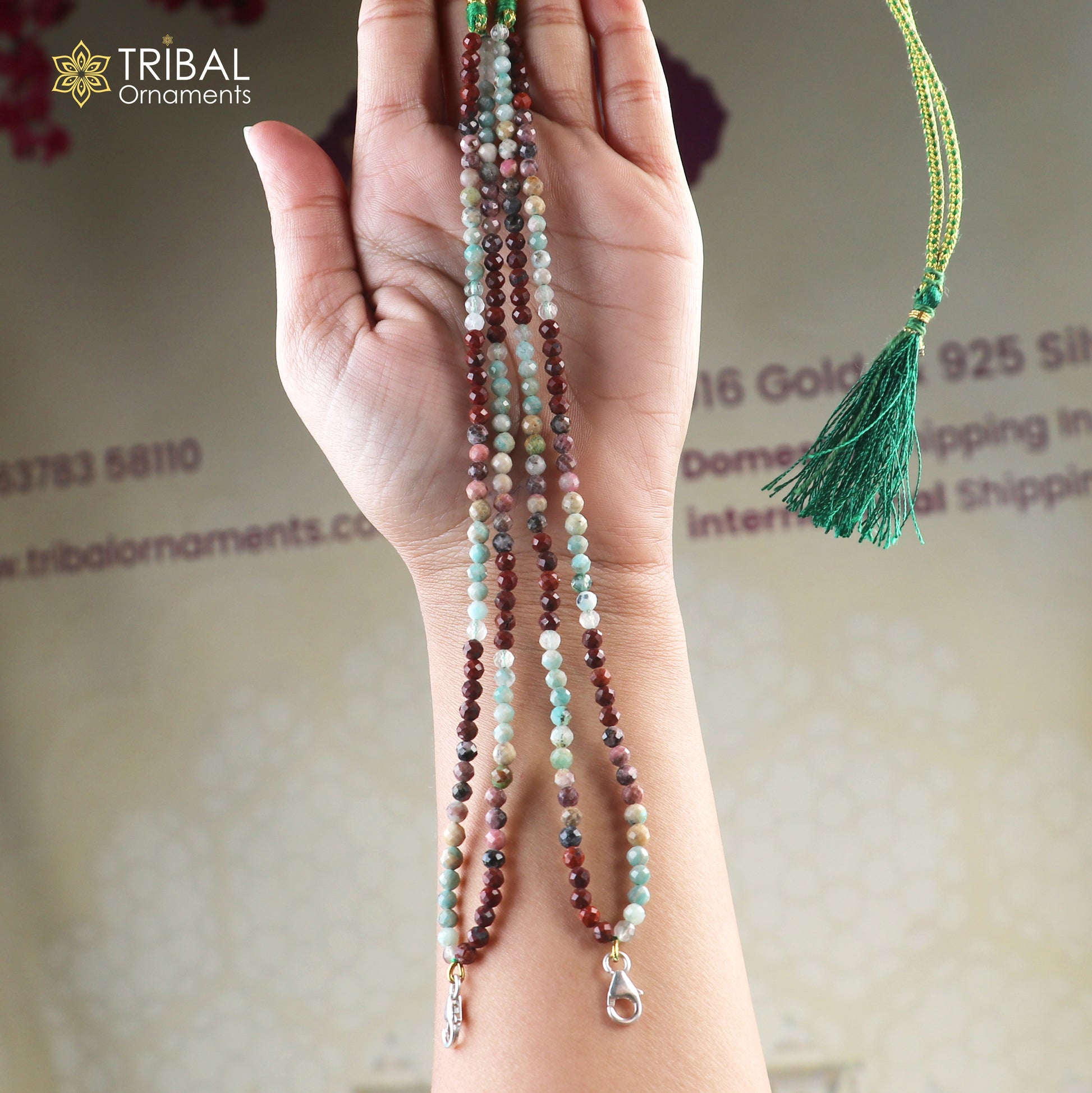 925 sterling silver lock multi-color stone beaded tribal jewelry necklace set with intricate design and vibrant stones.