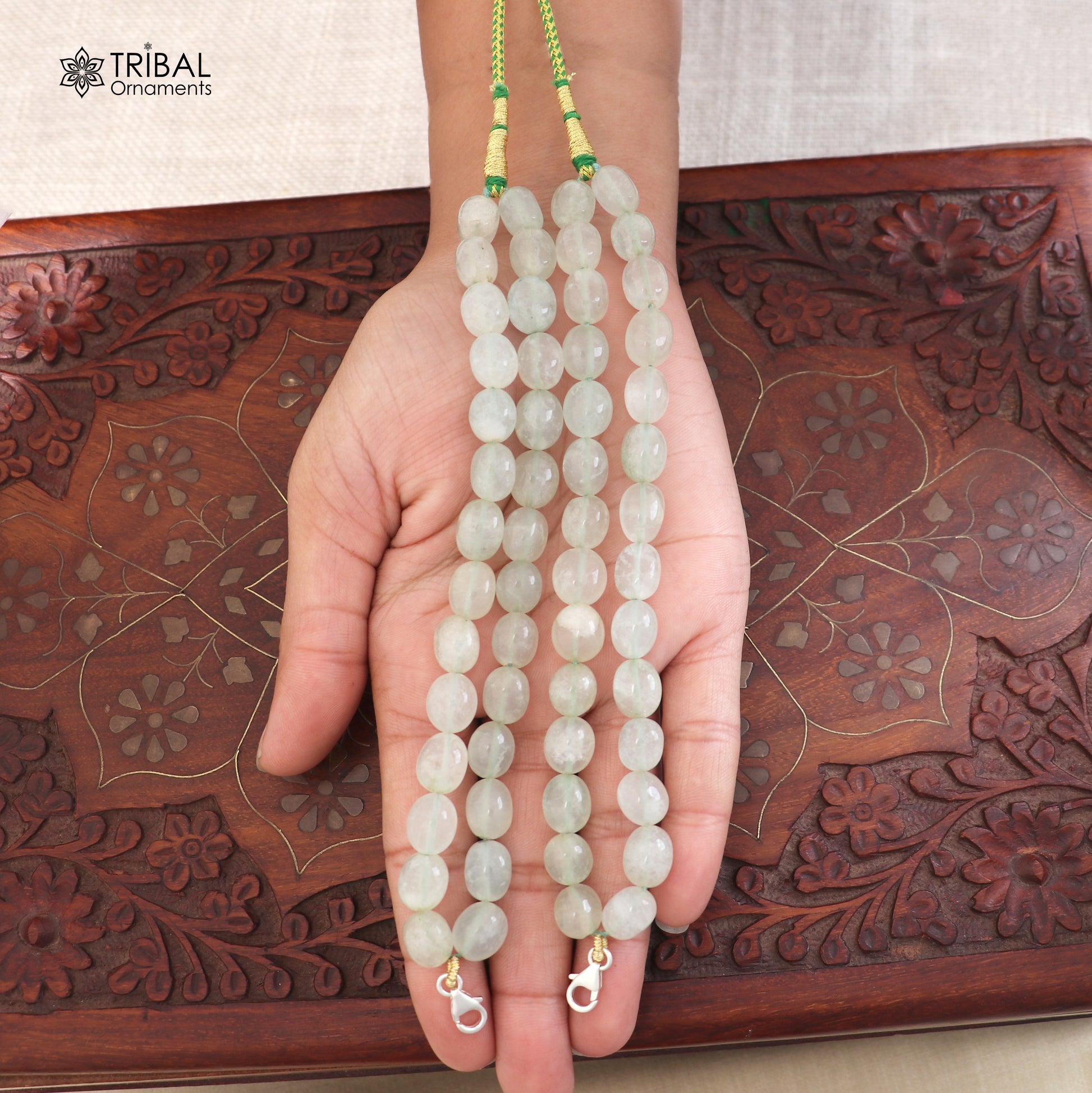 925 sterling silver lock jade stone beaded necklace with tribal-style pendant, crafted by TRIBAL ORNAMENTS.
