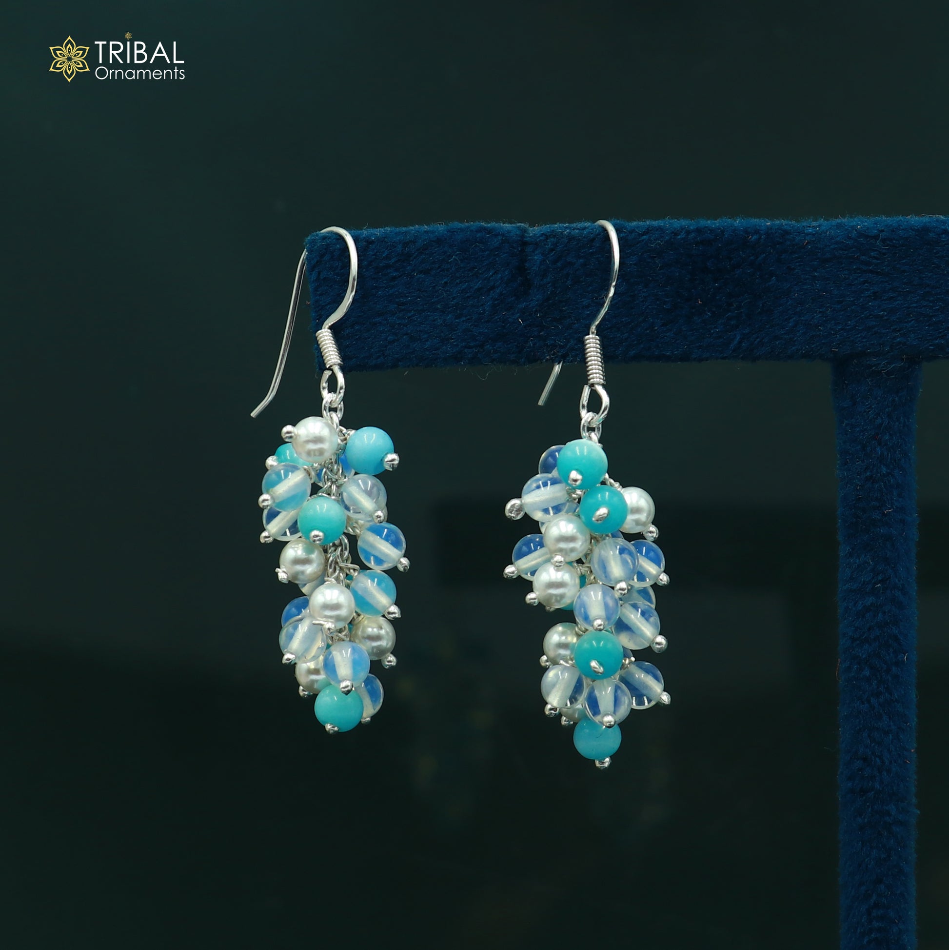Sterling silver beaded drop dangle earring by TRIBAL ORNAMENTS with intricate bead details and elegant design.