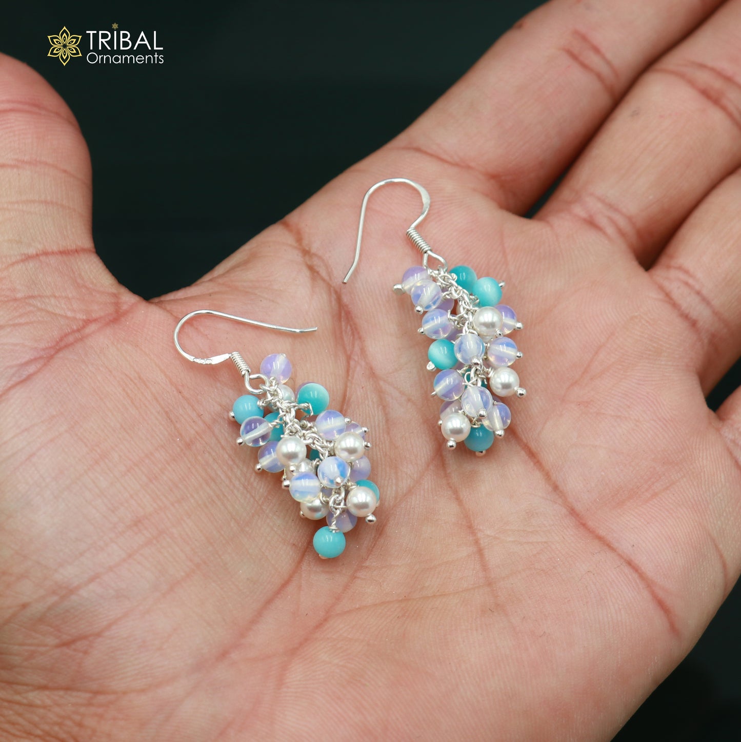 925 sterling silver beaded drop dangle earring by TRIBAL ORNAMENTS with intricate beaded design for elegant jewelry style