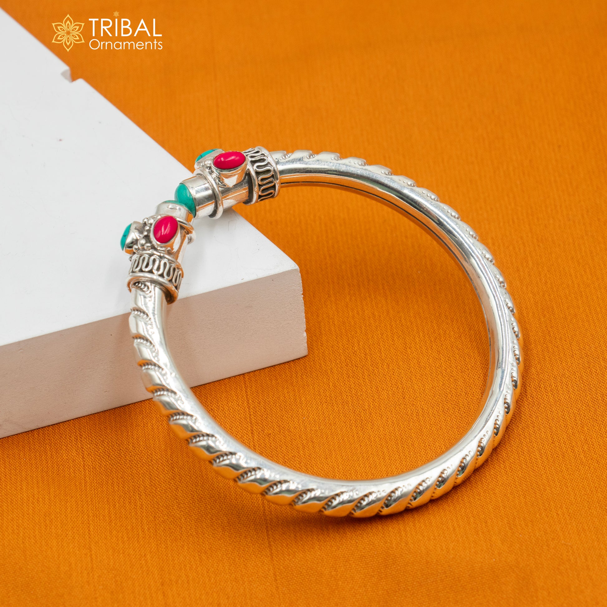 925 sterling silver handmade turquoise  and coral stone kada bracelet unisex kada  nsk893 - TRIBAL ORNAMENTS