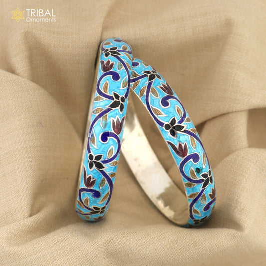 925 sterling silver handcrafted color enamel flower design bangles bracelet, vintage style wrist jewelry nba451