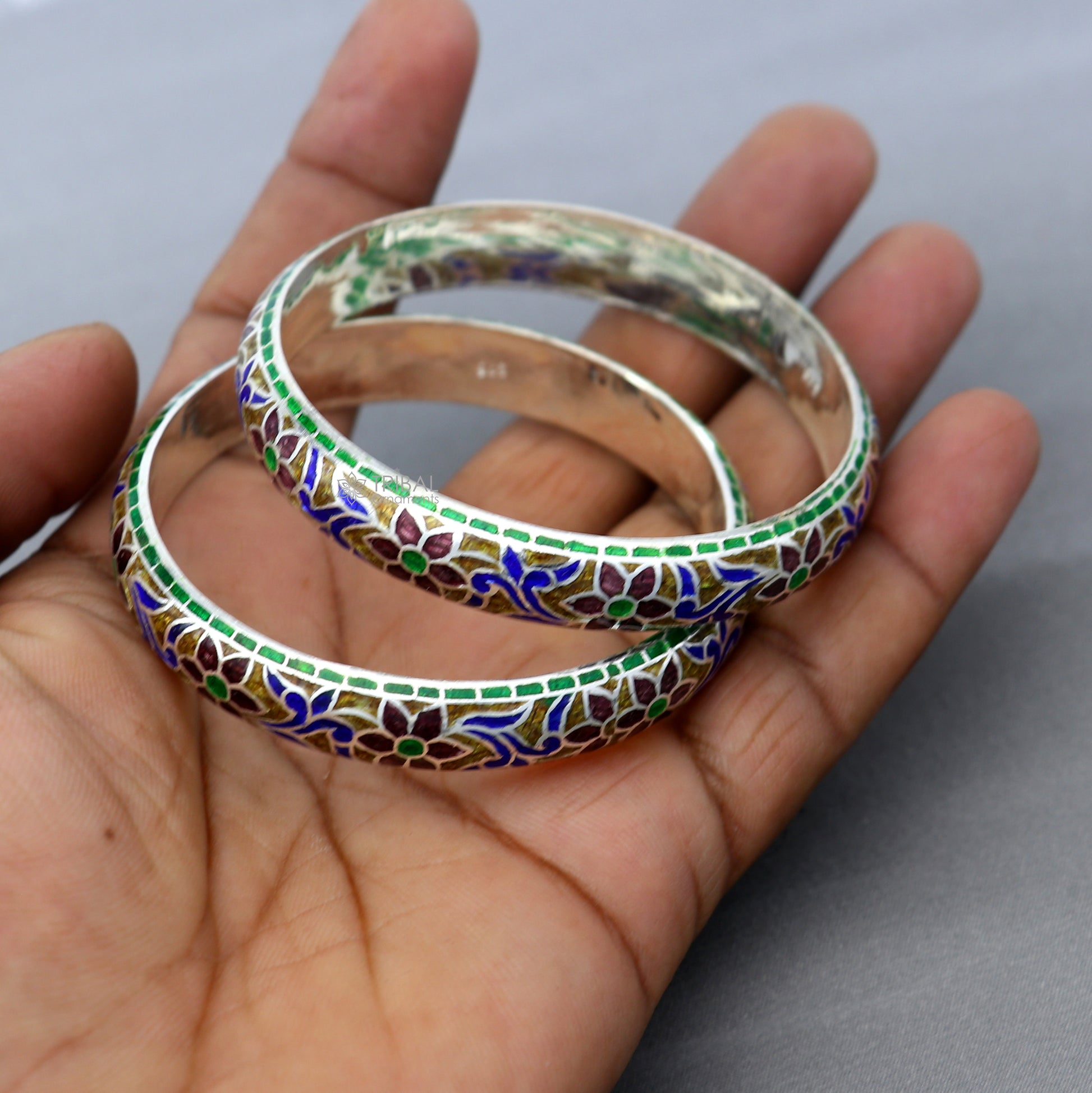 925 sterling meenakari style work designer bangle bracelet pure silver gifting jewelry, brides made bangles ba424 - TRIBAL ORNAMENTS