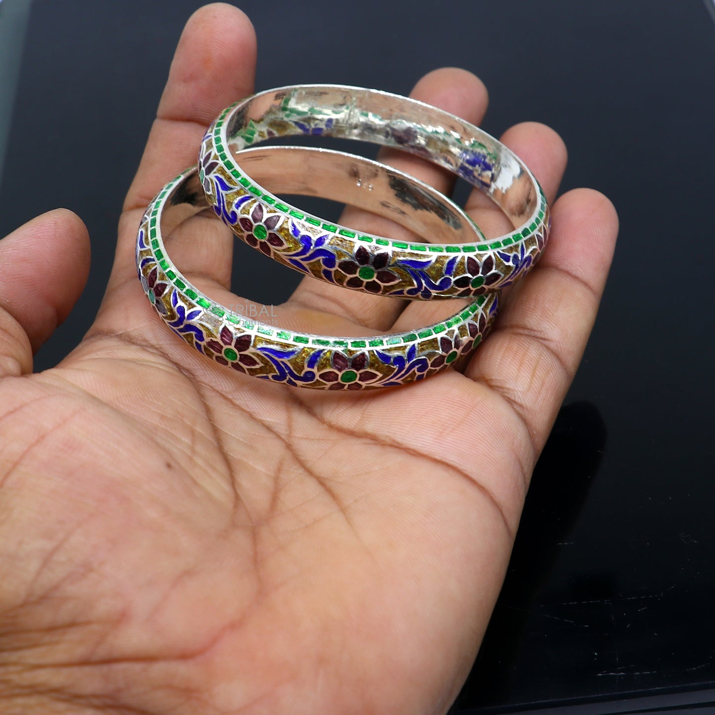 925 sterling meenakari style work designer bangle bracelet pure silver gifting jewelry, brides made bangles ba424 - TRIBAL ORNAMENTS