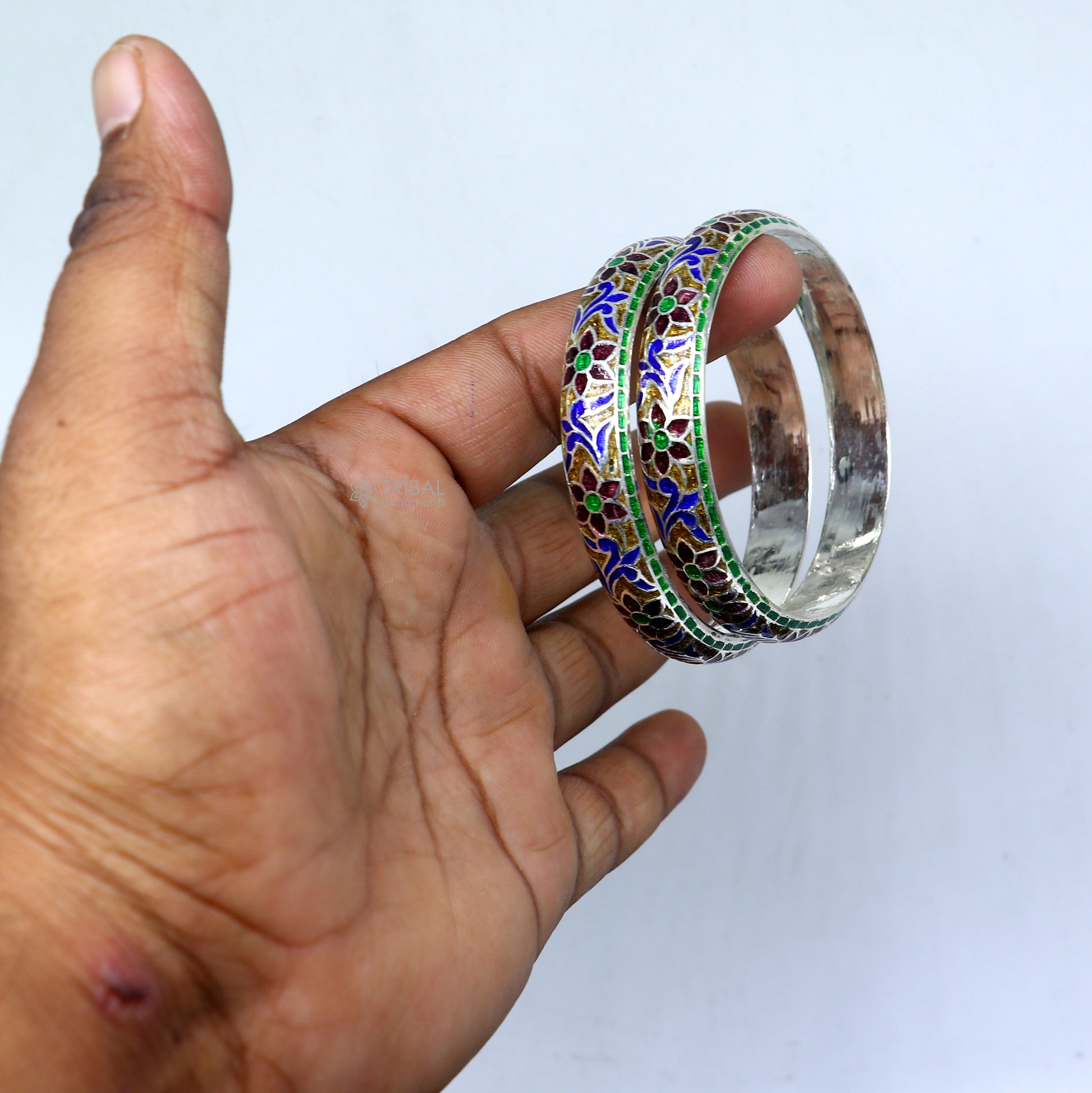 925 sterling meenakari style work designer bangle bracelet pure silver gifting jewelry, brides made bangles ba424 - TRIBAL ORNAMENTS