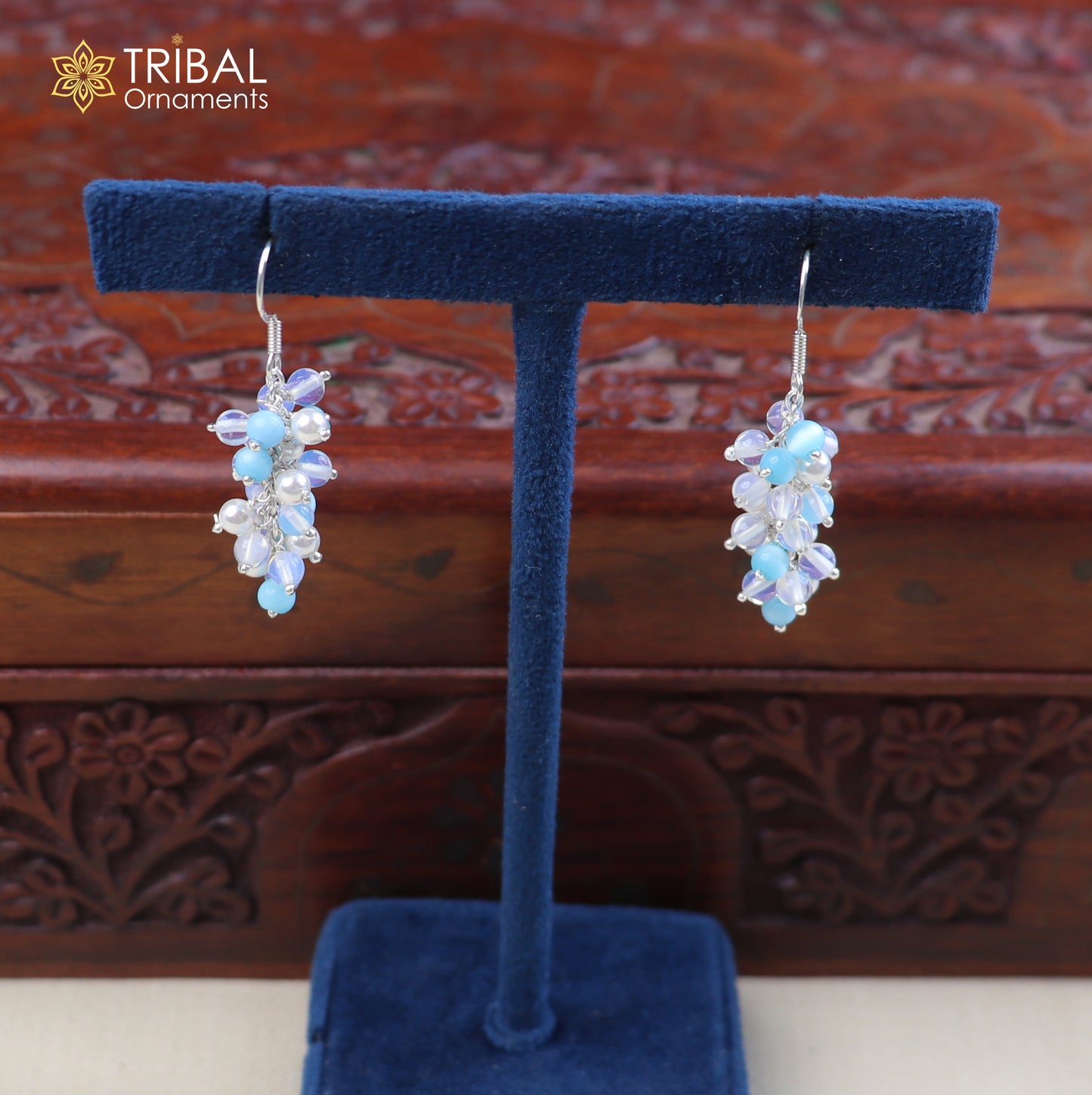 Sterling silver beaded drop dangle earring by TRIBAL ORNAMENTS, showcasing intricate silver beads and elegant design.