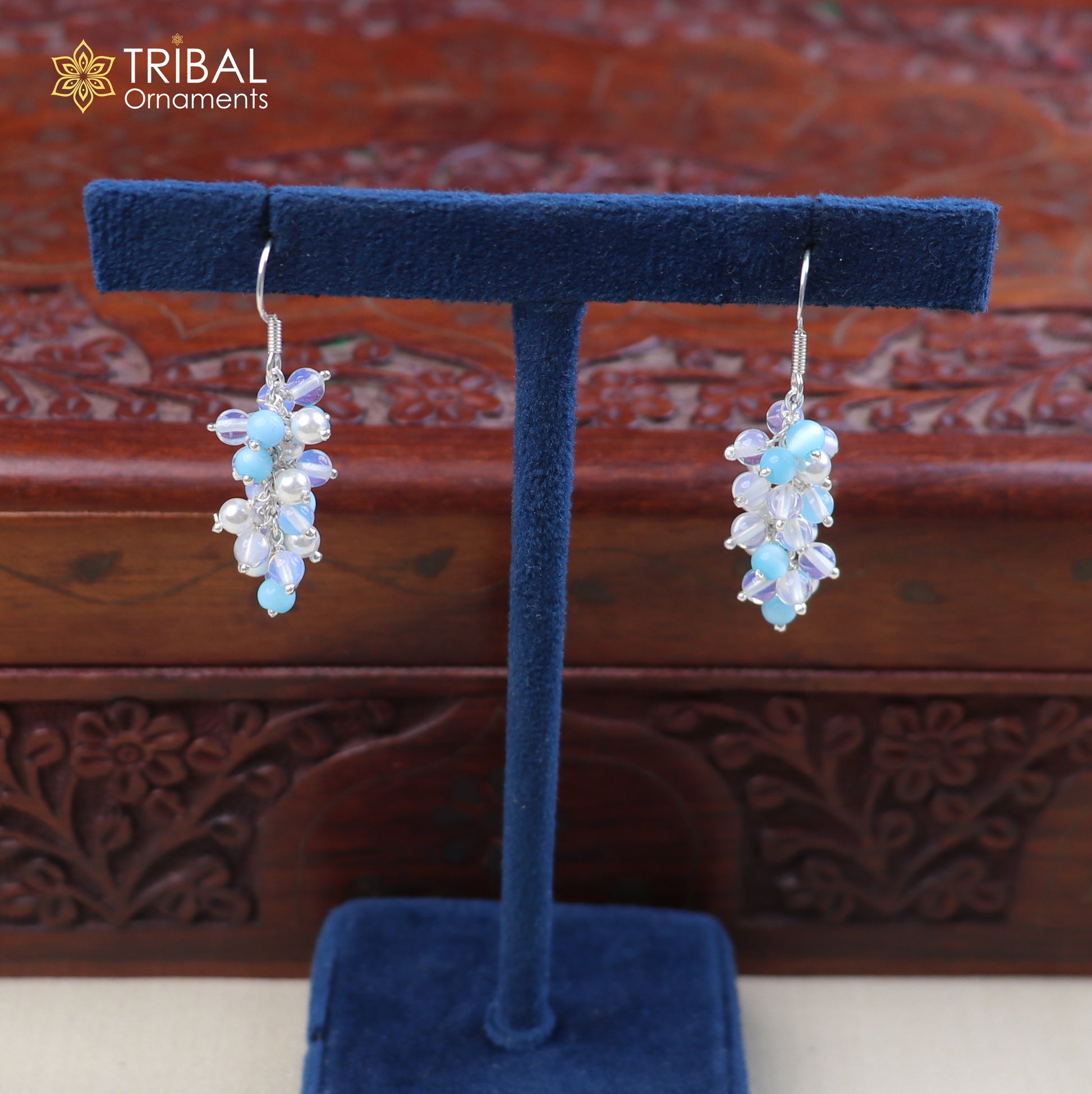 Sterling silver beaded drop dangle earring by TRIBAL ORNAMENTS, showcasing intricate silver beads and elegant design.