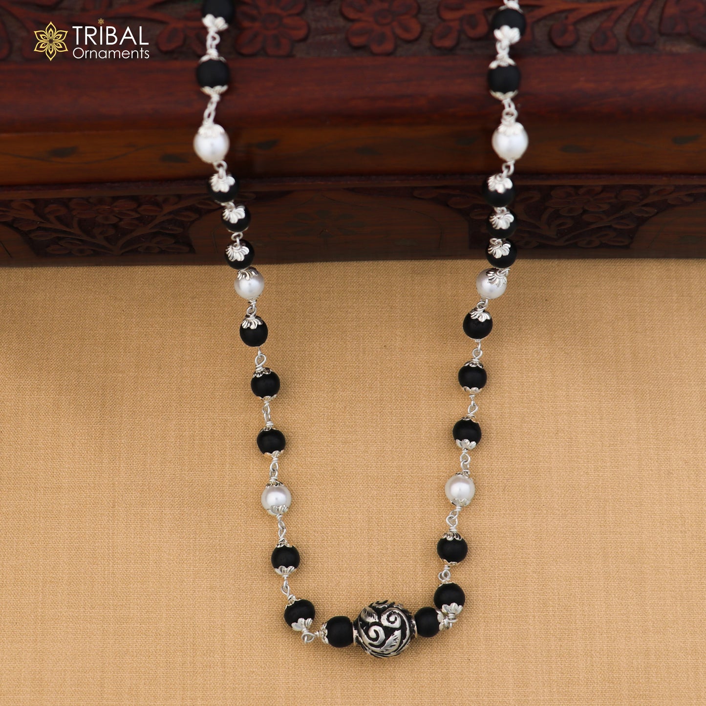 925 silver vintage pearl and karungali beads necklace by TRIBAL ORNAMENTS, featuring intricate design and traditional craftsmanship.