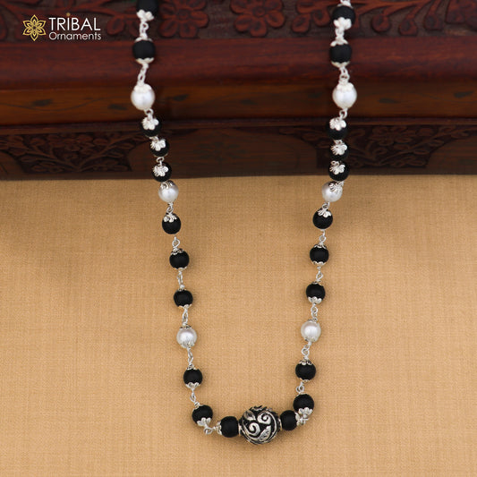 925 silver vintage pearl and karungali beads necklace by TRIBAL ORNAMENTS, featuring intricate design and traditional craftsmanship.