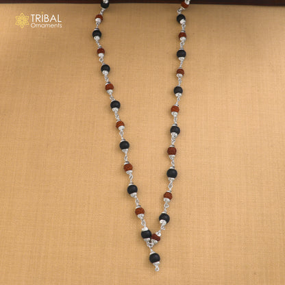 Silver Navkar Jaap Mala with 54/108 Karungali and Rudraksha beads, 925 solid silver chanting necklace, detailed and traditional design.