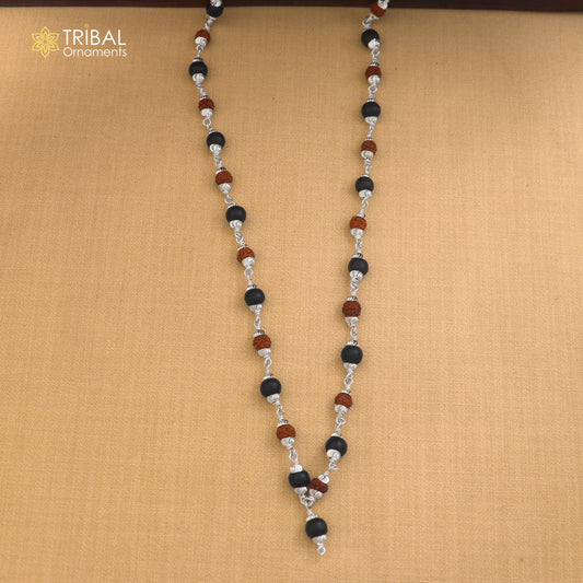 Silver Navkar Jaap Mala with 54/108 Karungali and Rudraksha beads, 925 solid silver chanting necklace, detailed and traditional design.