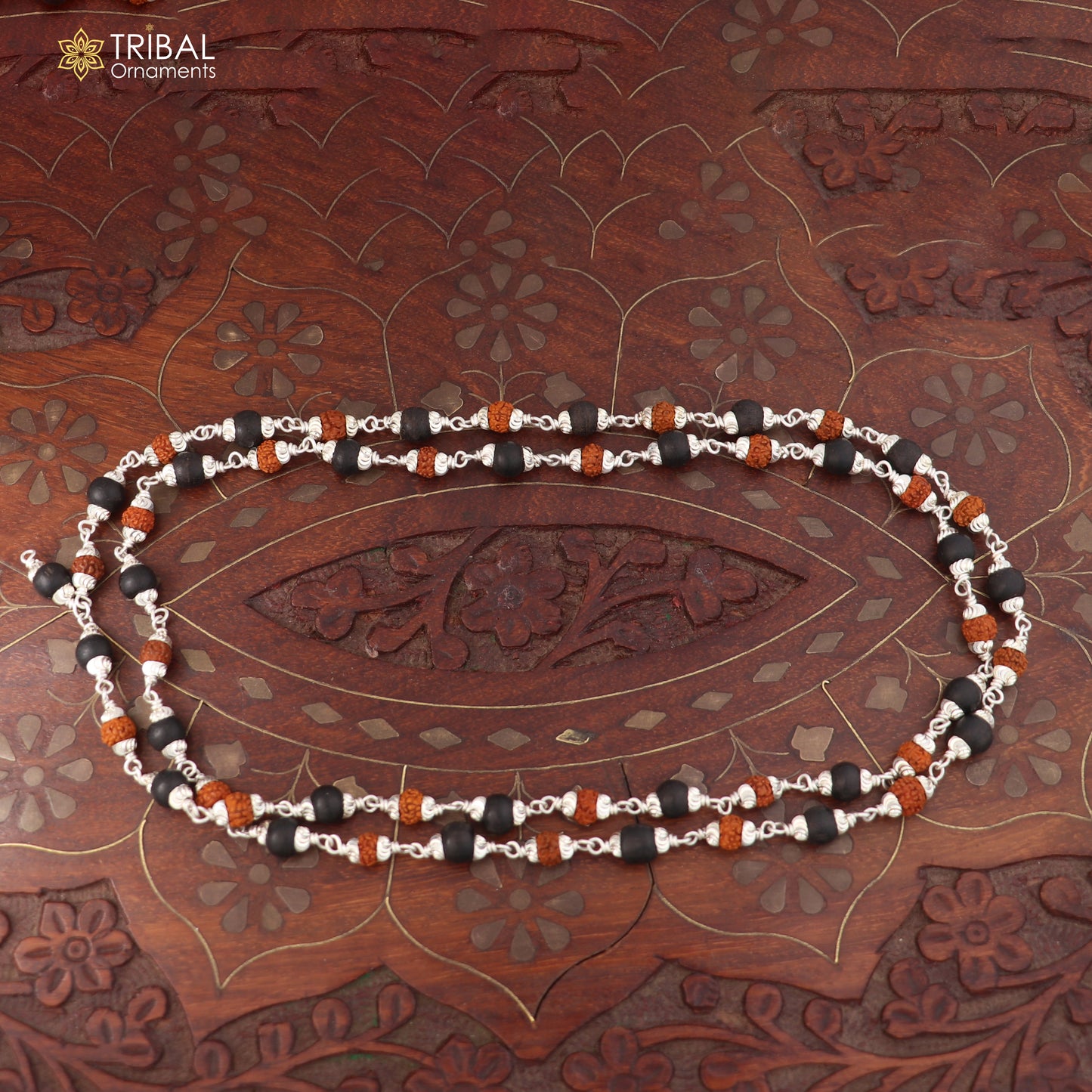 Silver Navkar Jaap mala with 54/108 Karungali and Rudraksha beads, 925 solid silver chanting necklace, crafted by TRIBAL ORNAMENTS.