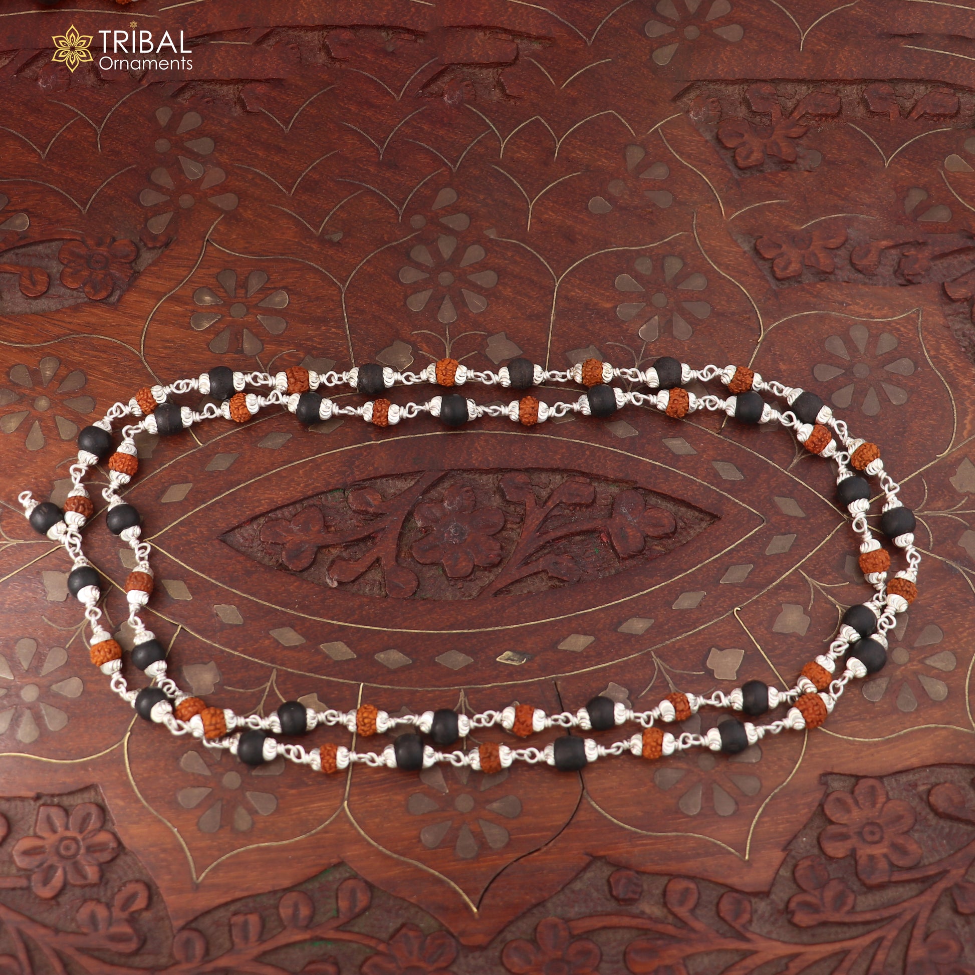 Silver Navkar Jaap mala with 54/108 Karungali and Rudraksha beads, 925 solid silver chanting necklace, crafted by TRIBAL ORNAMENTS.