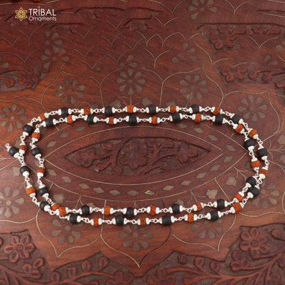 Silver Navkar Jaap mala with 54/108 Karungali and Rudraksha beads, 925 solid silver chanting necklace, crafted by TRIBAL ORNAMENTS.