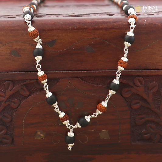 Silver Navkar Jaap mala with 54/108 Karungali and Rudraksha beads, 925 solid silver chanting necklace by TRIBAL ORNAMENTS.