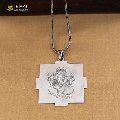 925 sterling silver Divine Shree Ganesha Yantram pendant with tribal design, intricate craftsmanship, and spiritual symbolism.
