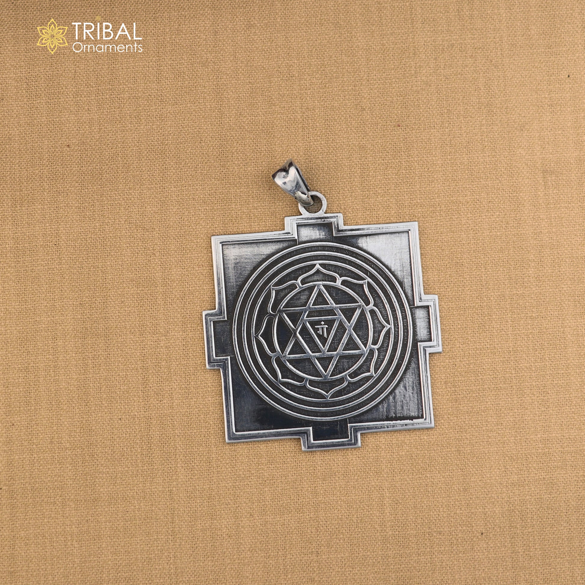 925 sterling silver Divine Shree Ganesha Yantram pendant with tribal design, intricate craftsmanship, and detailed religious symbolism.