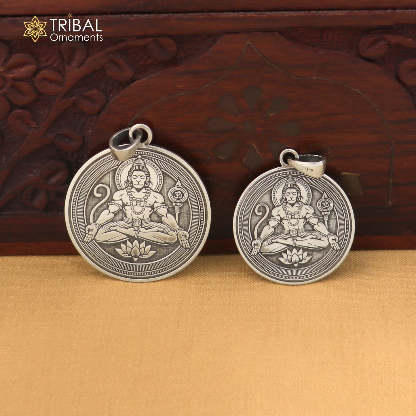 925 sterling silver Shree Hanuman pendant with chain, men's jewelry featuring intricate divine design by TRIBAL ORNAMENTS.