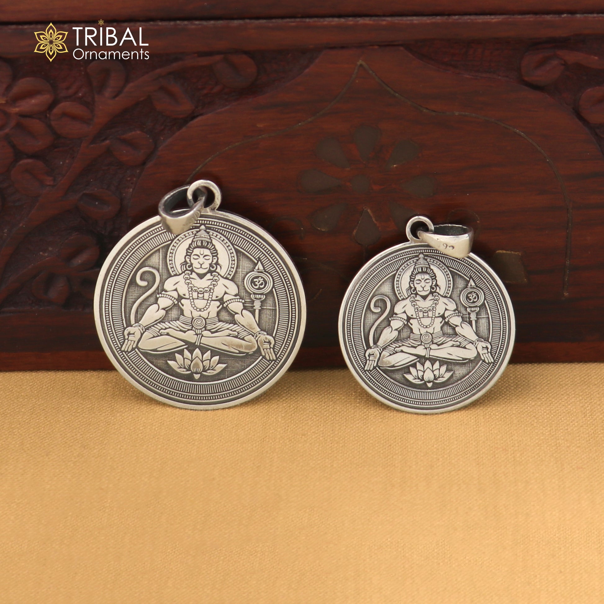 925 sterling silver Shree Hanuman pendant with chain, men's jewelry featuring intricate divine design by TRIBAL ORNAMENTS.