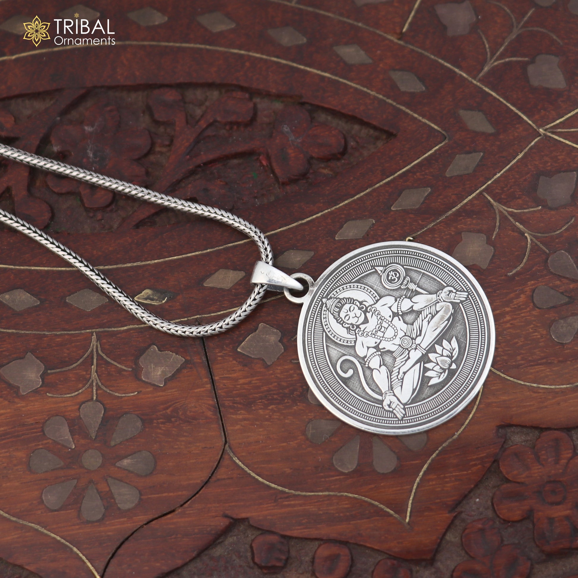925 sterling silver Shree Hanuman pendant with chain, men's jewelry featuring intricate divine deity design by TRIBAL ORNAMENTS