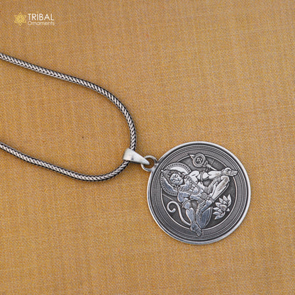925 sterling silver Divine Shree Hanuman pendant with chain, men's jewelry by TRIBAL ORNAMENTS, detailed Hindu deity design.