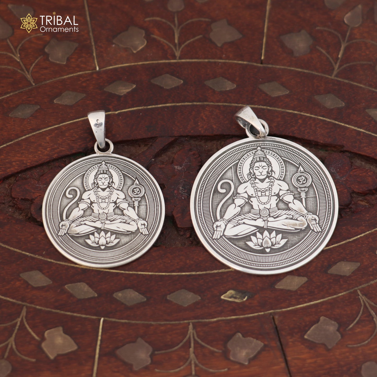 925 sterling silver Divine Shree Hanuman pendant with chain, men's jewelry by TRIBAL ORNAMENTS, featuring intricate Hanuman design.