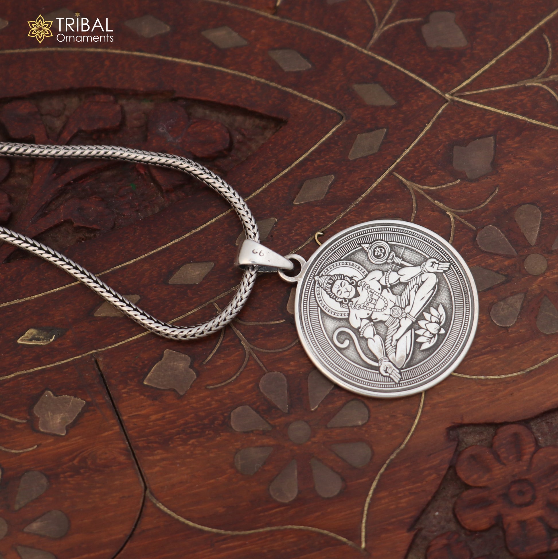 925 sterling silver Divine Shree Hanuman pendant with chain, men's jewelry by TRIBAL ORNAMENTS, featuring detailed Hanuman figure.