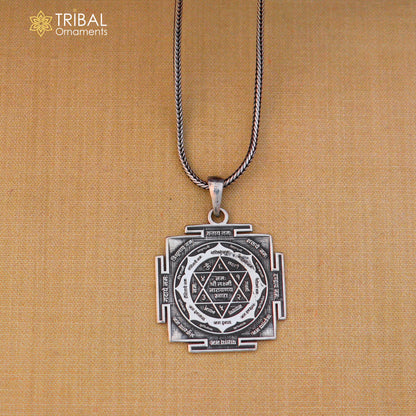 925 sterling silver Shree Laxmi Narayan yantram pendant with chain, tribal jewelry design, intricate craftsmanship.